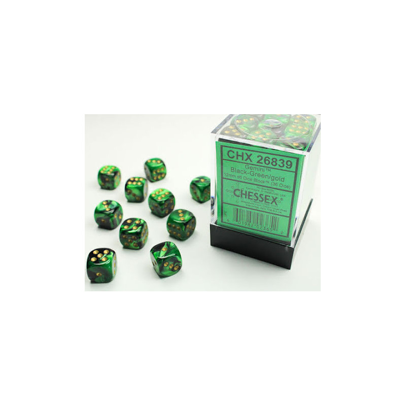 Gemini 12mm d6 Black-Green w/gold Dice Block (36 dice)