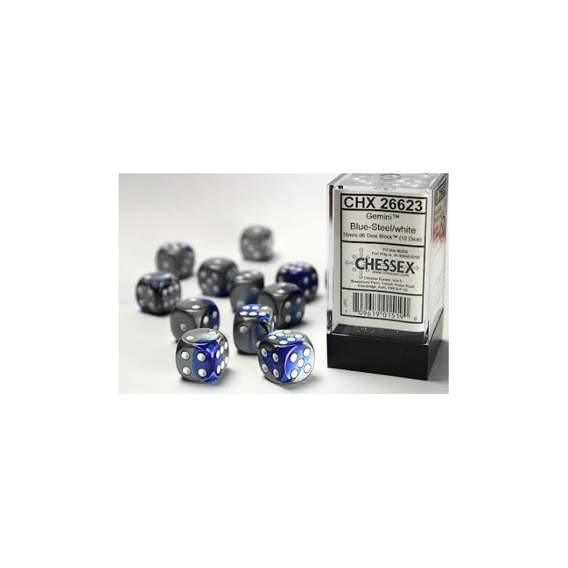 Gemini 16mm d6 Blue-Steel/white Dice Block (12 dice)