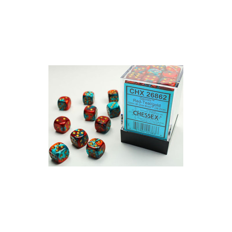 Gemini 12mm d6 Red-Teal/gold Dice Block (36 dice)