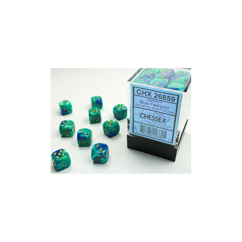 Gemini 12mm d6 Blue-Teal/gold Dice Block (36 dice)