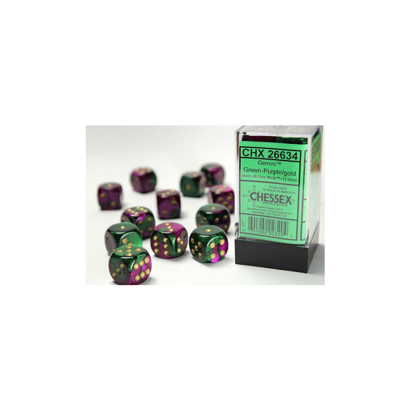 Gemini 16mm d6 Green-Purple/gold Dice Block (12 dice)
