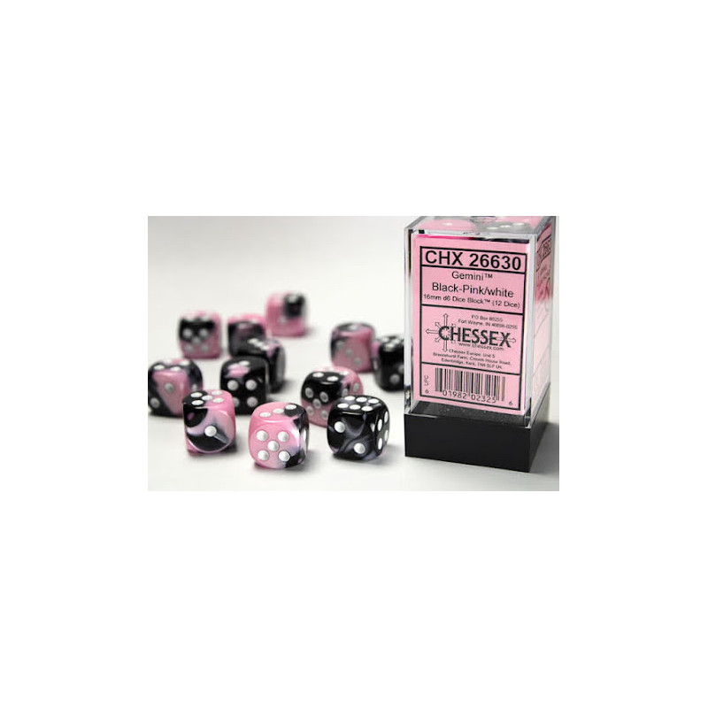 Gemini 16mm d6 Black-pink w/white Dice Block (12 dice)