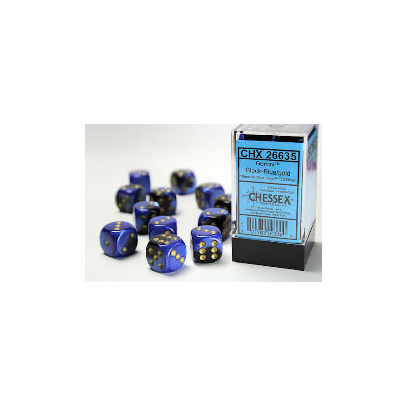 Gemini 16mm d6 Black-Blue/gold Dice Block (12 dice)