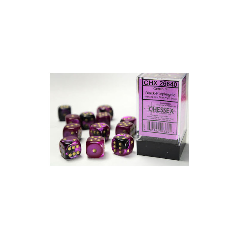 Gemini 16mm d6 Black-Purple w/gold Dice Block (12 dice)