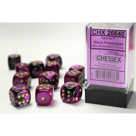 Gemini 16mm d6 Black-Purple w/gold Dice Block (12 dice)