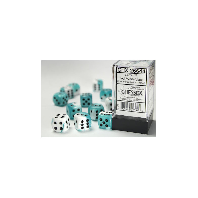 Gemini 16mm d6 Teal-White/black Dice Block (12 dice)