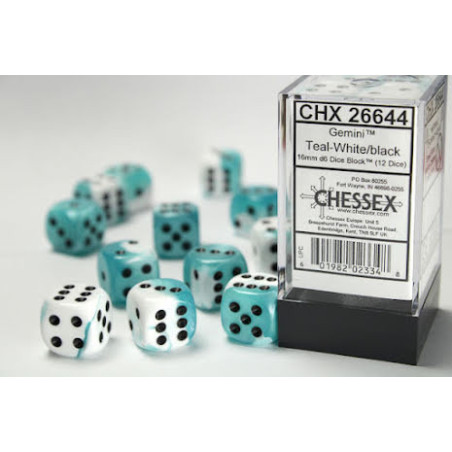 Gemini 16mm d6 Teal-White/black Dice Block (12 dice)