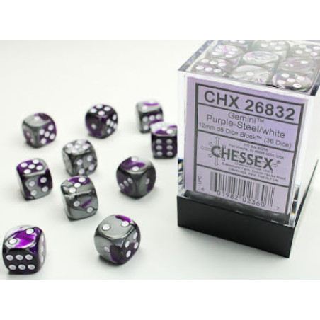 Gemini 12mm d6 Purple-steel/white Dice Block (36 dice)
