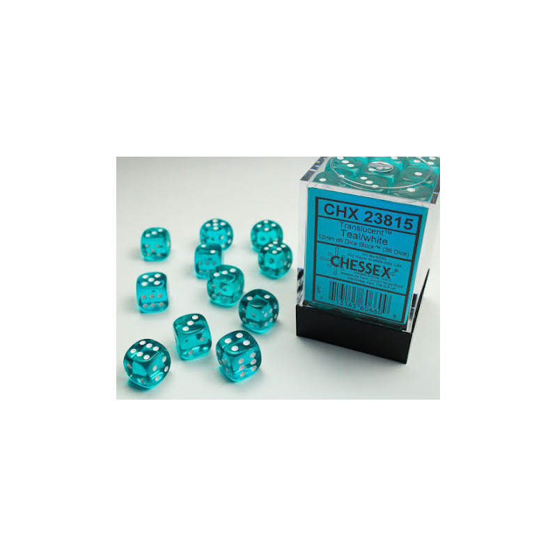 Translucent 12mm d6 Teal/white Dice Block (36 dice)