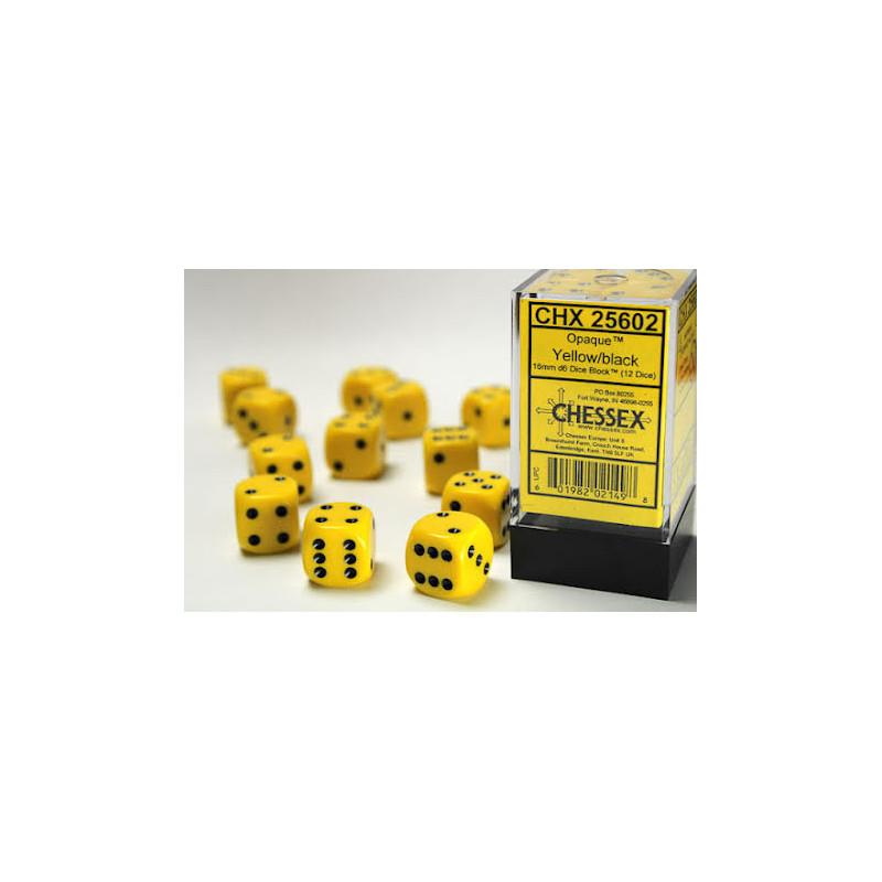 Opaque 16mm d6 Yellow/black Dice Block (12 dice)