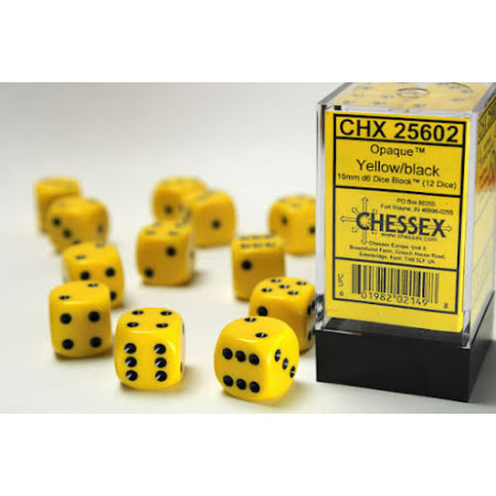 Opaque 16mm d6 Yellow/black Dice Block (12 dice)
