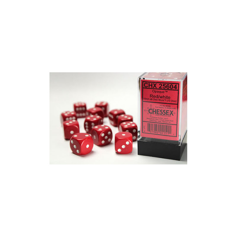 Opaque 16mm d6 Red/white Dice Block (12 dice)