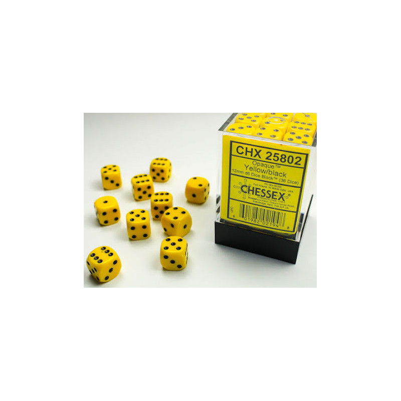 Opaque 12mm d6 Yellow/black Dice Block (36 dice)