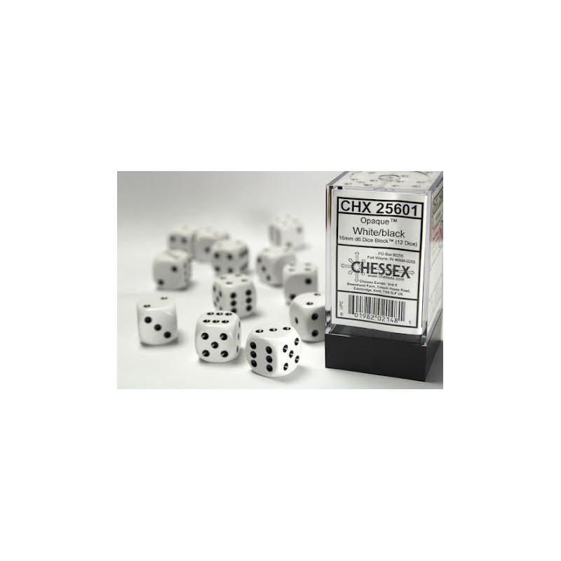 Opaque 16mm d6 White/black Dice Block (12 dice)
