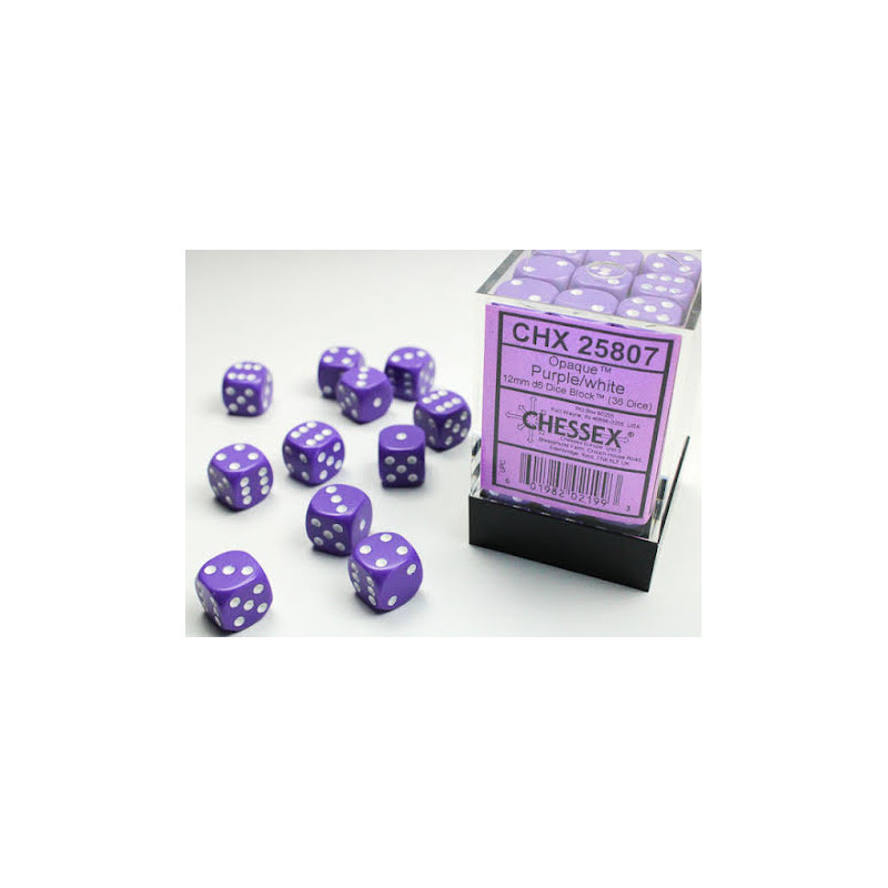 Opaque 12mm d6 Purple/white Dice Block (36 dice)