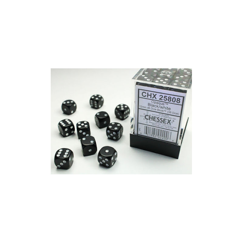 Opaque 12mm d6 Black/white Dice Block (36 dice)