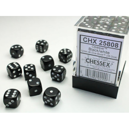 Opaque 12mm d6 Black/white Dice Block (36 dice)