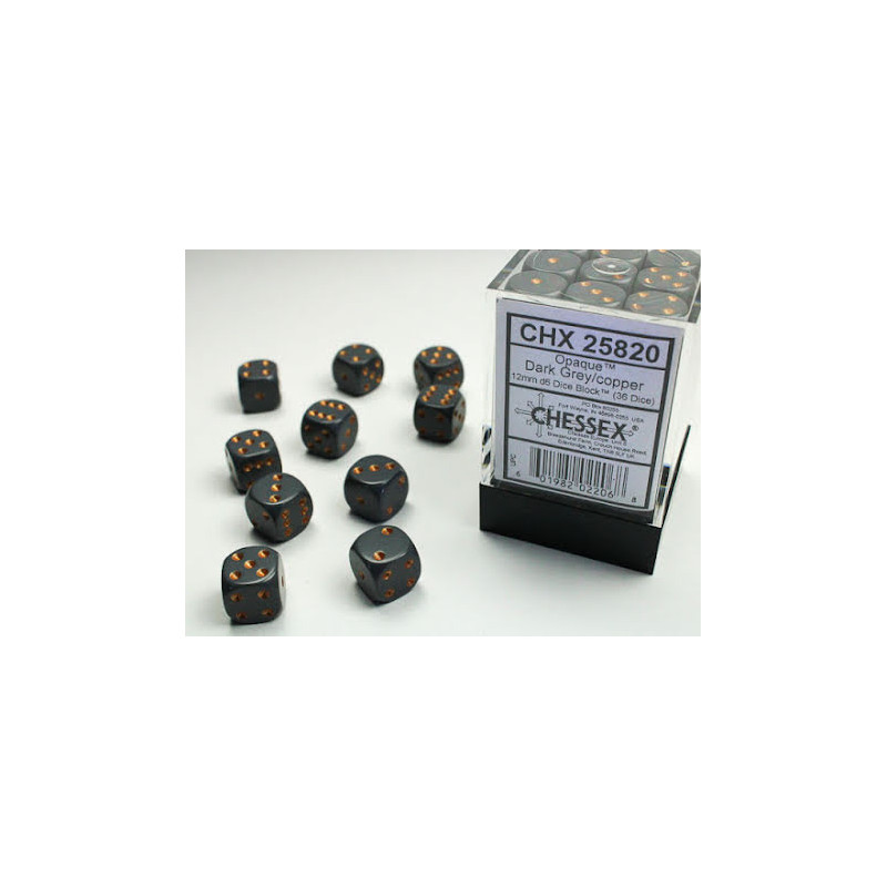 Opaque 12mm d6 Dark Grey w/copper Dice Block (36 dice)
