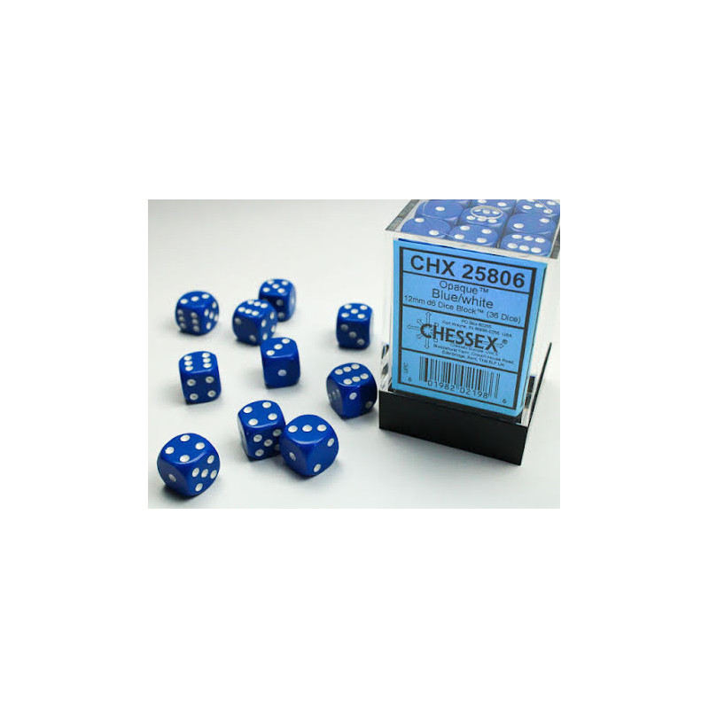 Opaque 12mm d6 Blue/white Dice Block Dice Block (36 dice)