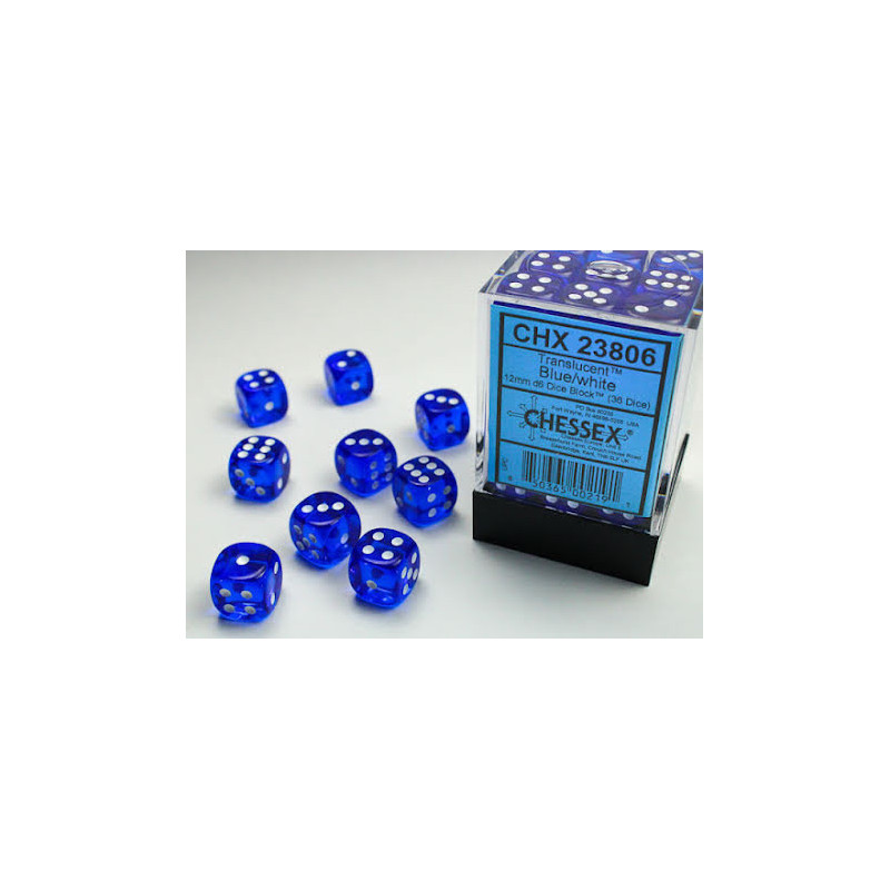 Translucent 12mm d6 Blue/white Dice Block (36 dice)