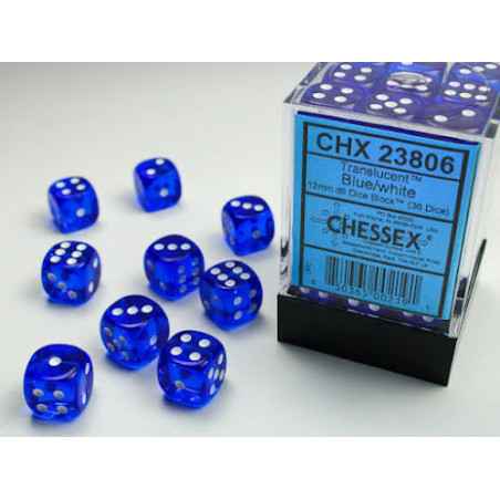 Translucent 12mm d6 Blue/white Dice Block (36 dice)