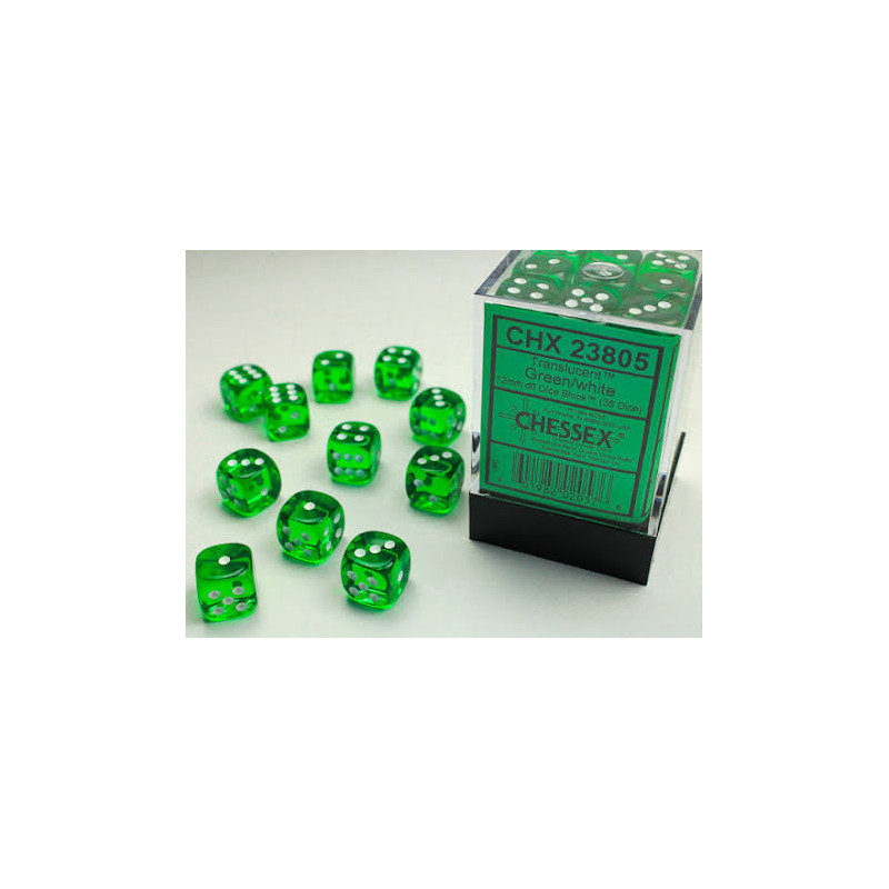 Translucent 12mm d6 Green/white Dice Block (36 dice)