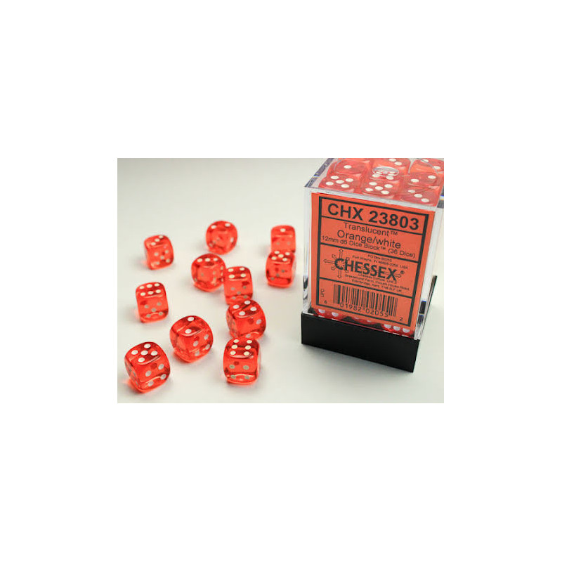 Translucent 12mm d6 Orange/white Dice Block (36 dice)