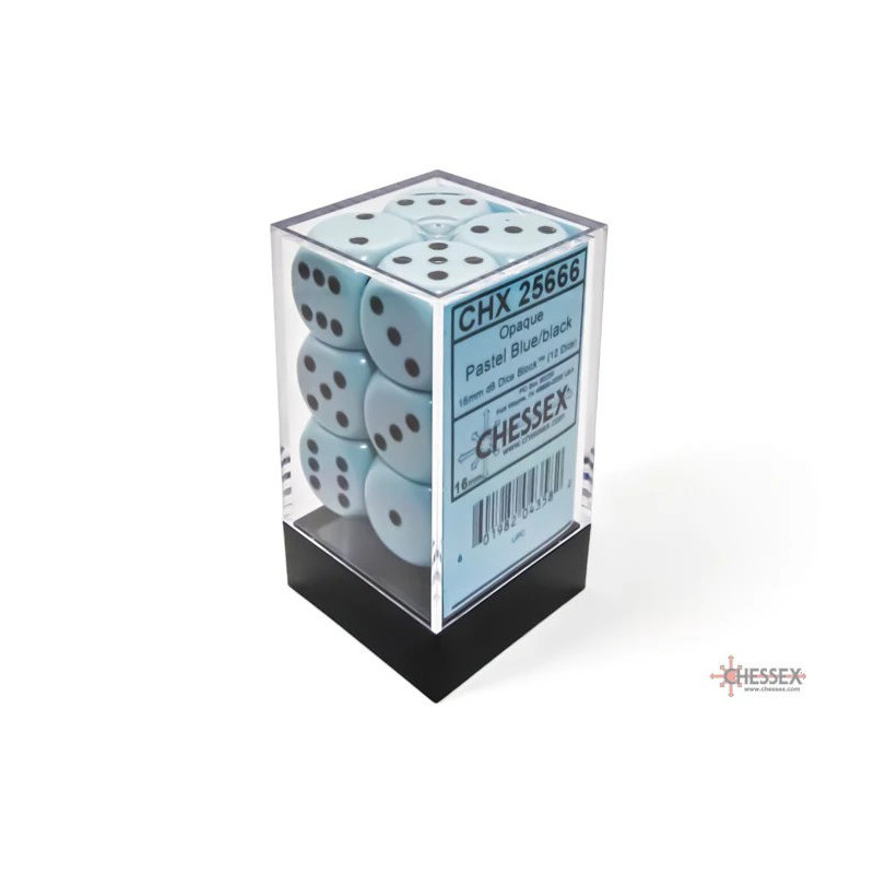 Opaque 16mm d6 Pastel Blue/black Dice Block (12 dice)