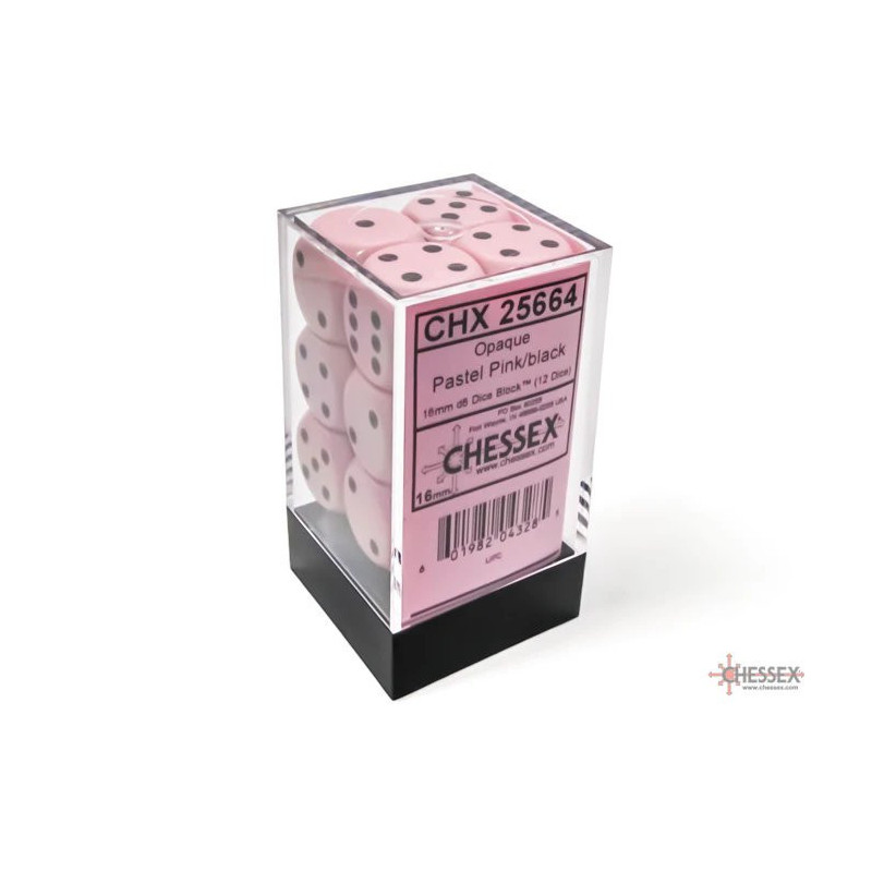 Opaque 16mm d6 Pastel Pink/black Dice Block (12 dice)