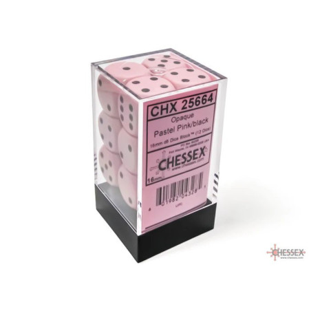 Opaque 16mm d6 Pastel Pink/black Dice Block (12 dice)