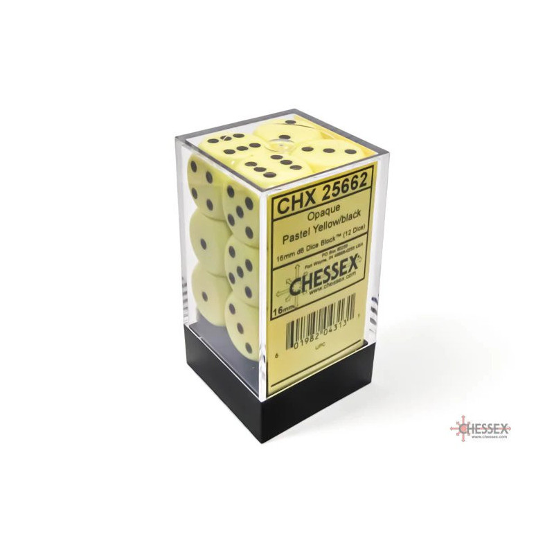 Opaque 16mm d6 Pastel Yellow/black Dice Block (12 dice)