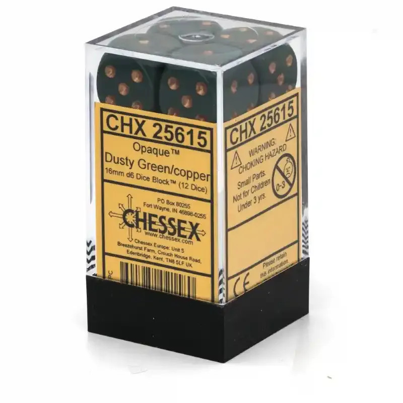 Opaque 16mm d6 Dusty Green/Gold Dice Block (12 dice)