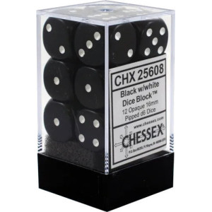Opaque 16mm d6 Black/white Dice Block (12 dice)
