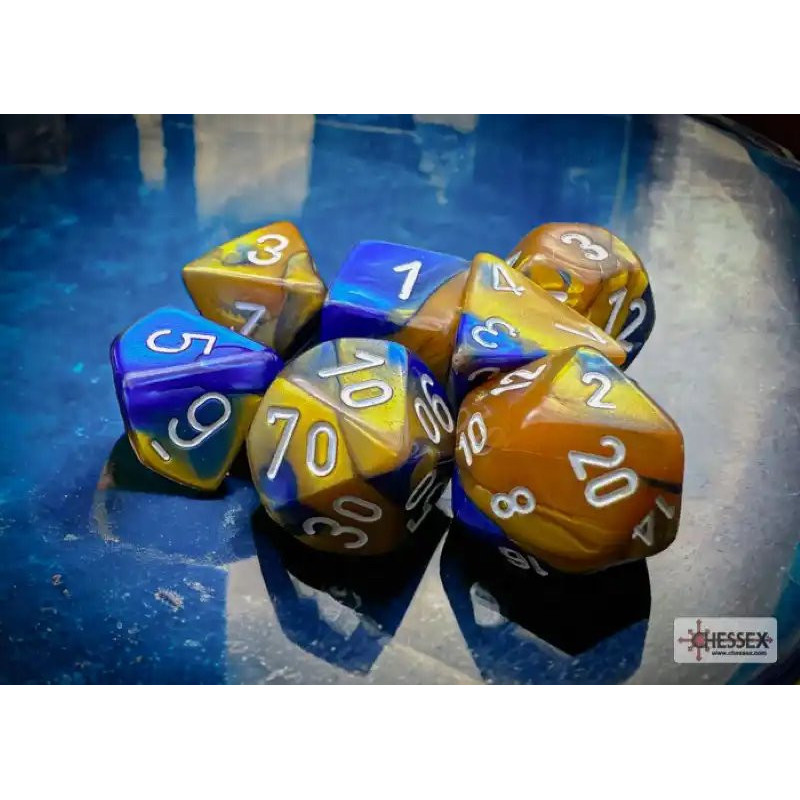 Gemini Blue-Gold w/white Polyhedral 7-Die Set