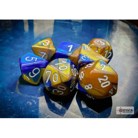 Gemini Blue-Gold w/white Polyhedral 7-Die Set