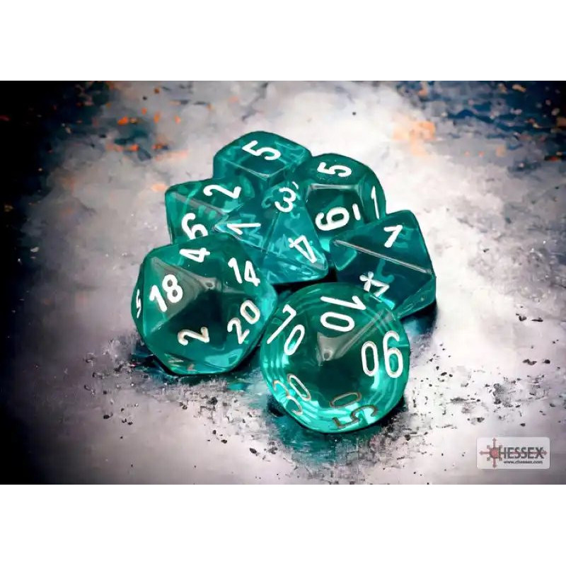 Translucent Teal/White Polyhedral 7-Die Set