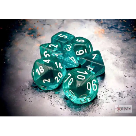 Translucent Teal/White Polyhedral 7-Die Set