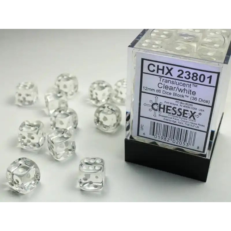 Translucent Clear/White 12mm D6 Dice Block (36 dice)